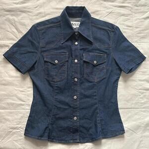 D&G Jeans Y2K denim slim fit short sleeve top with contrast tan stitching